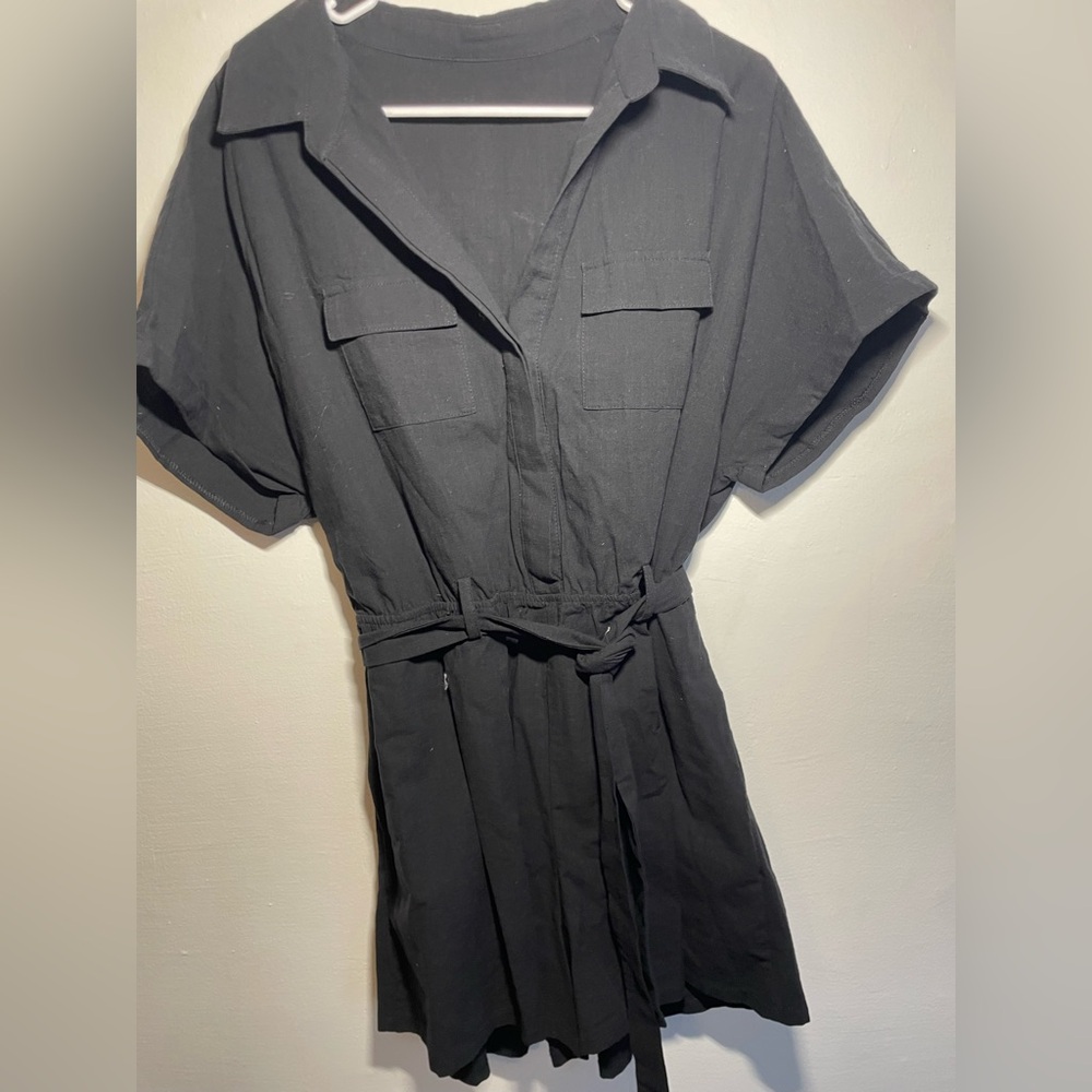 Black Short Sleeve Belted Romper